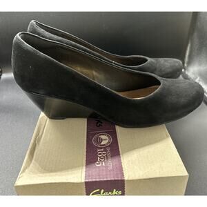 Clarks Bassett Mine Suede Wedge Shoes 11 Black Witchy Dark Academia Chic 08-05